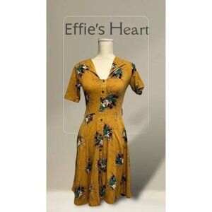 Effie's Heart Vintage Inspired Mustard Floral Button-Down A-Line Dress Size S